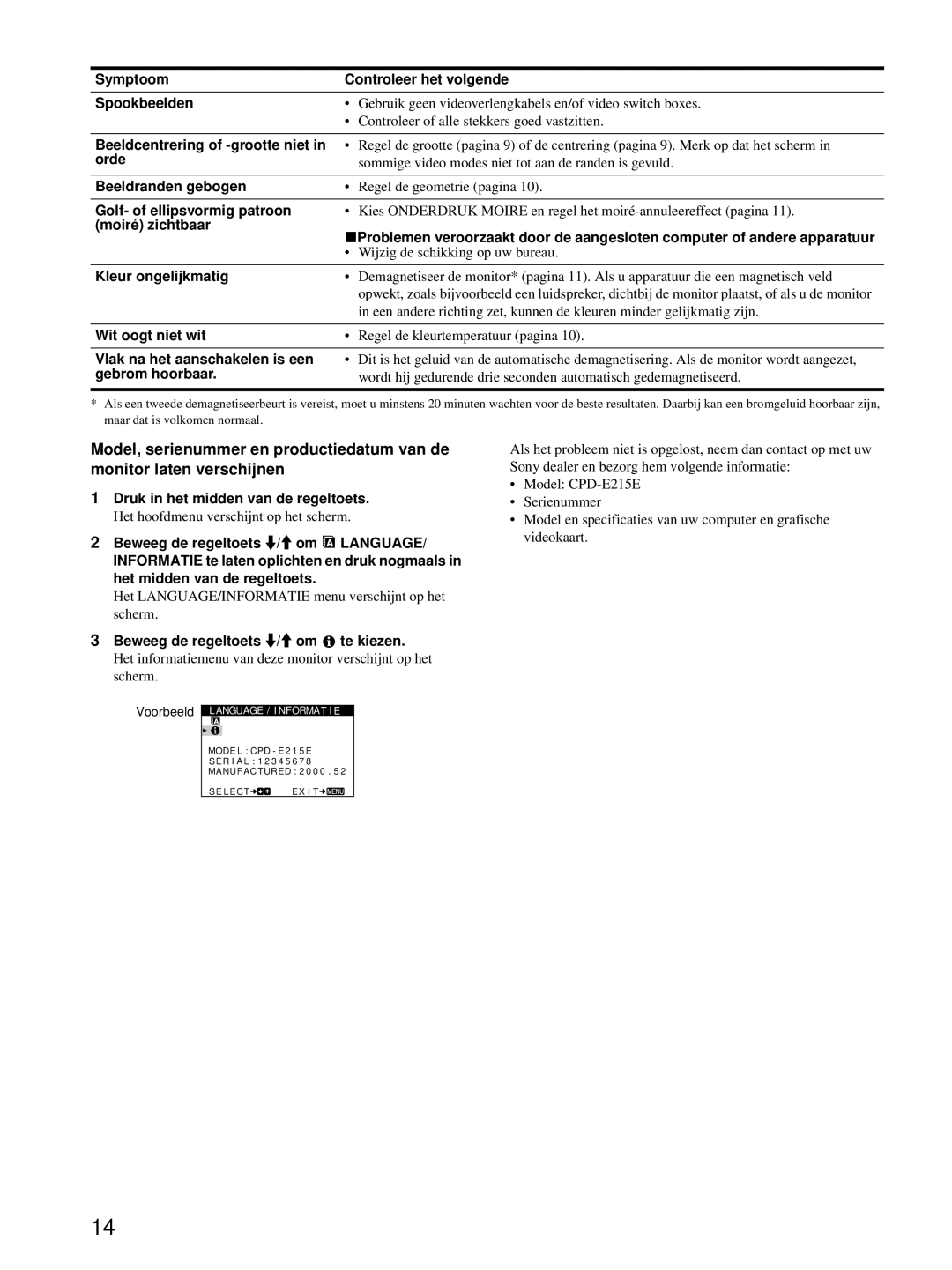 Sony CPD-E215E Symptoom Controleer het volgende Spookbeelden, Beeldcentrering of -grootte niet, Orde, Beeldranden gebogen 