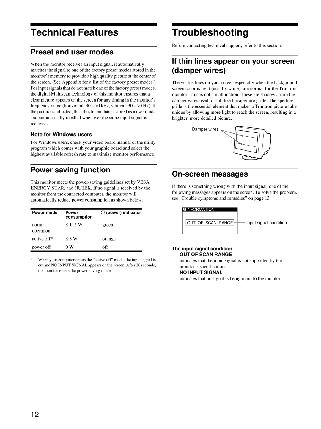 Sony CPD-E215E manual Technical Features, Troubleshooting 