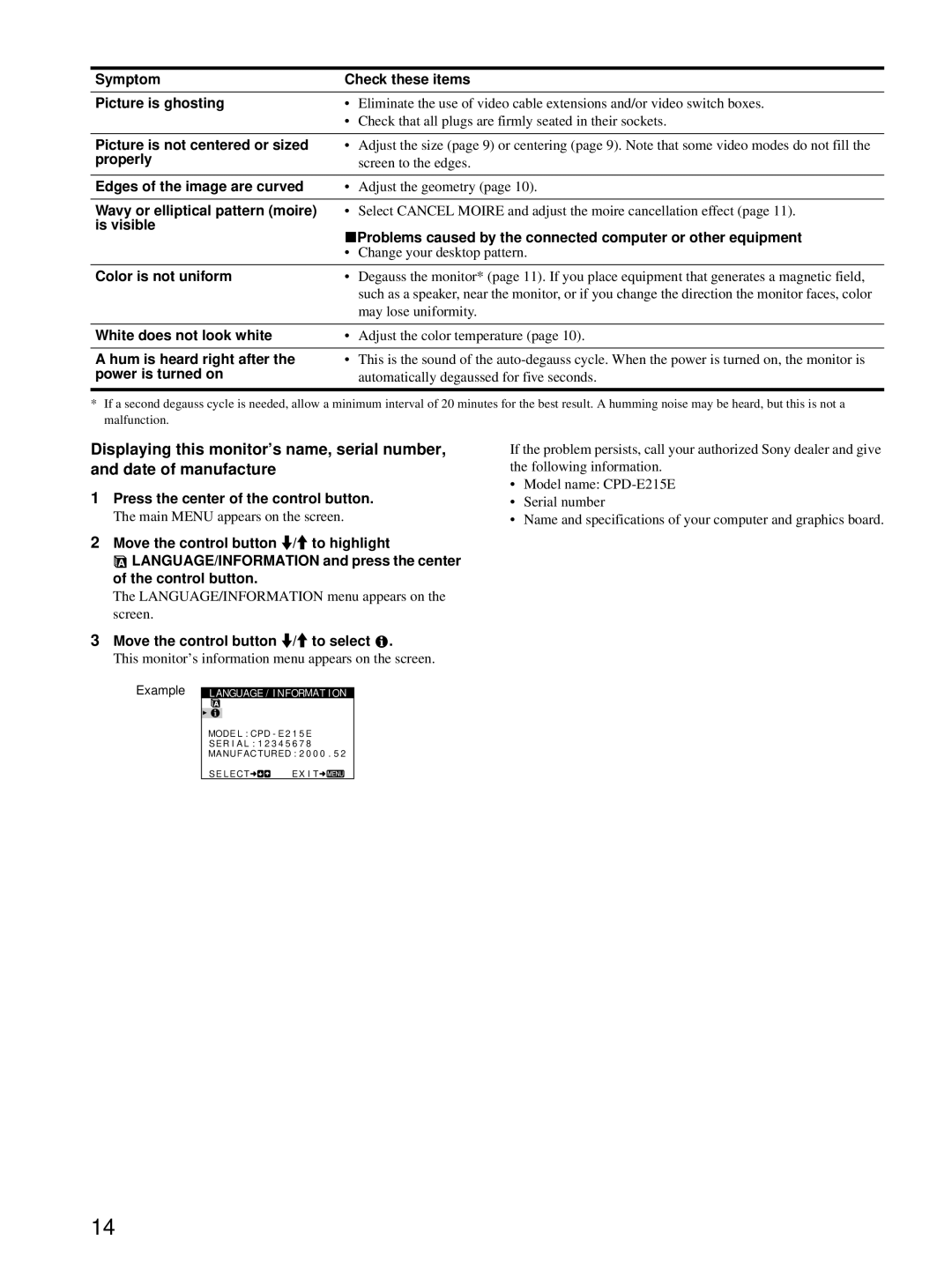 Sony CPD-E215E manual Symptom Check these items Picture is ghosting, Picture is not centered or sized, Properly 