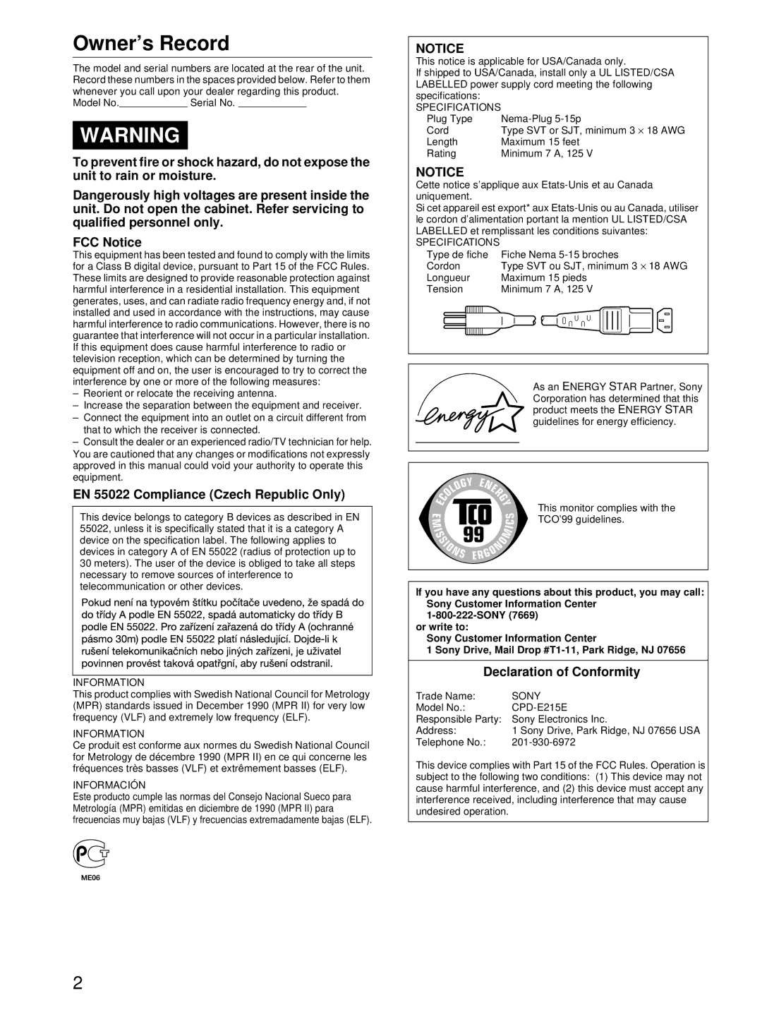 Sony CPD-E215E manual EN 55022 Compliance Czech Republic Only, Declaration of Conformity 