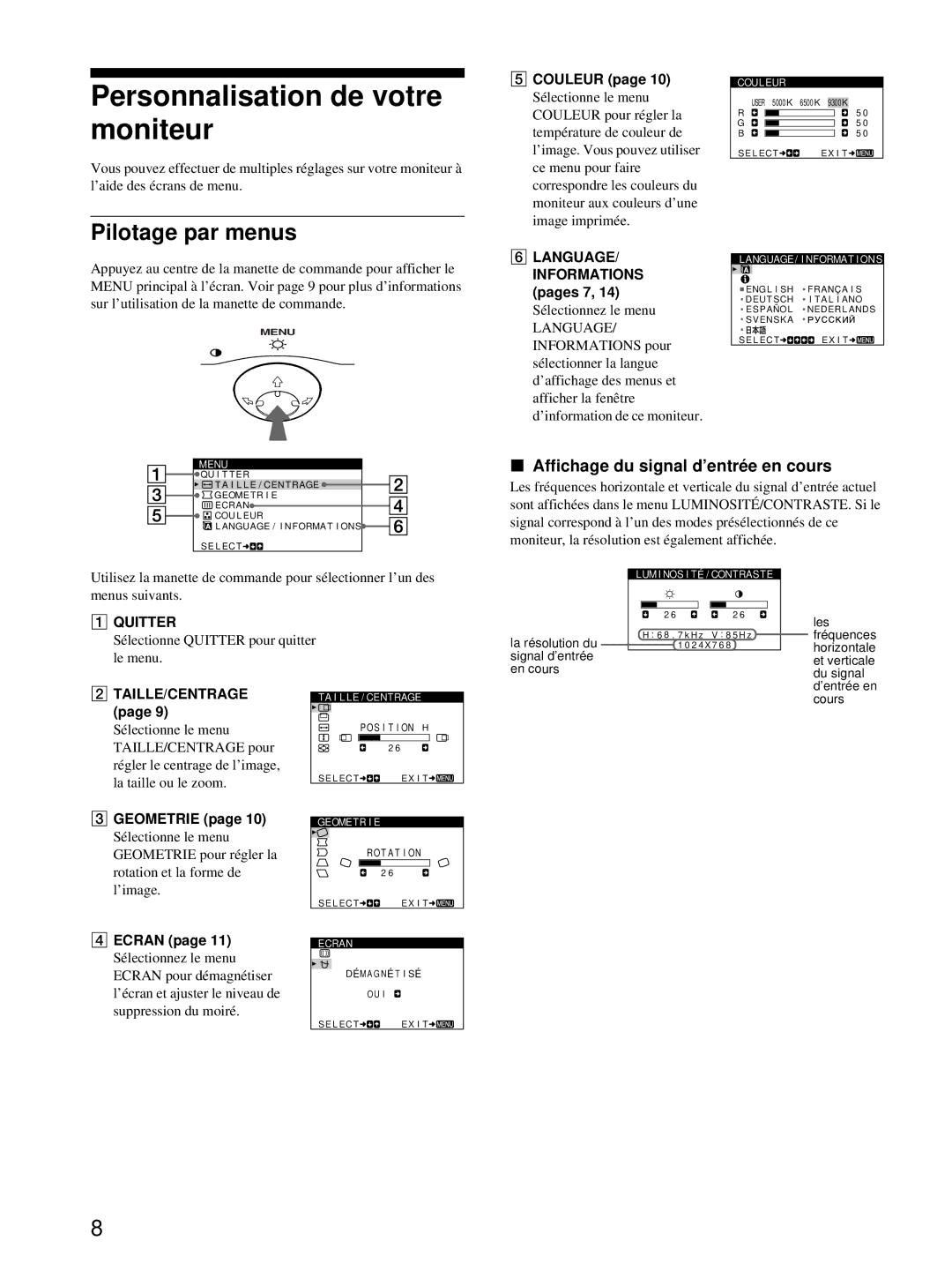 Sony CPD-E215E manual Personnalisation de votre moniteur, Pilotage par menus, Affichage du signal d’entrée en cours 