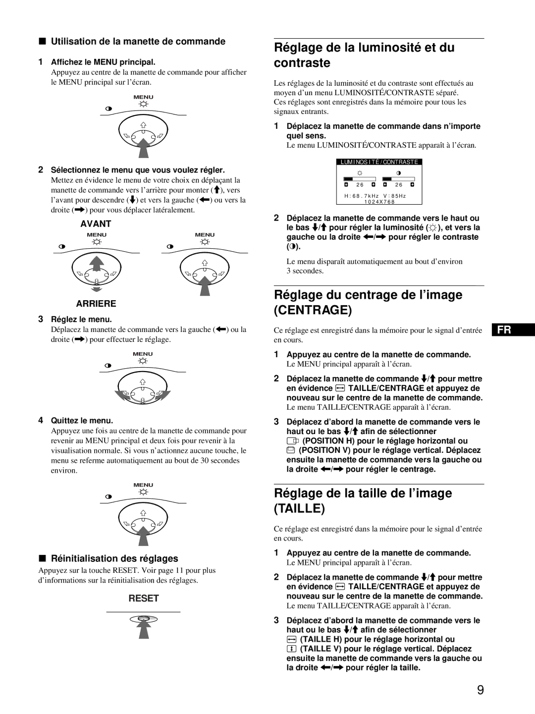 Sony CPD-E215E manual Réglage de la luminosité et du contraste, Réglage du centrage de l’image Centrage 