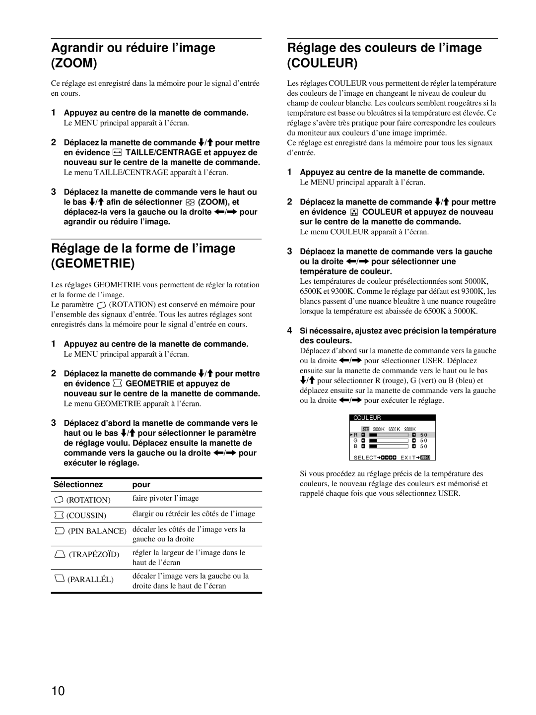 Sony CPD-E215E Agrandir ou réduire l’image Zoom, Réglage de la forme de l’image, Réglage des couleurs de l’image Couleur 