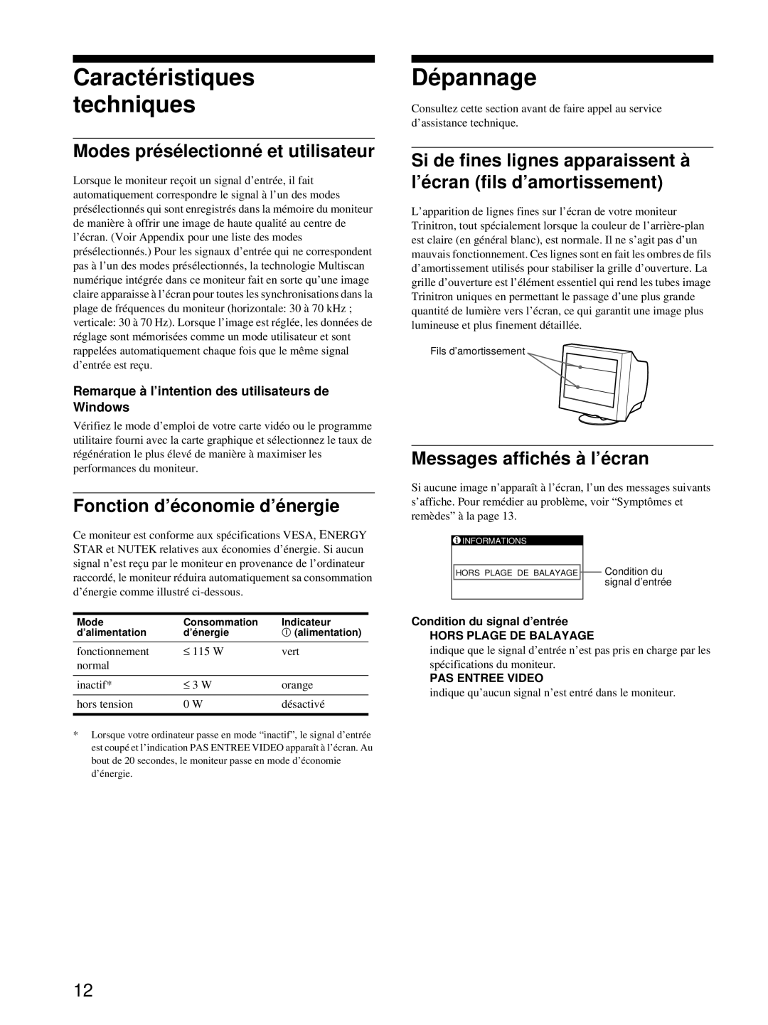 Sony CPD-E215E Caractéristiques techniques, Dépannage, Modes présélectionné et utilisateur, Fonction d’économie d’énergie 