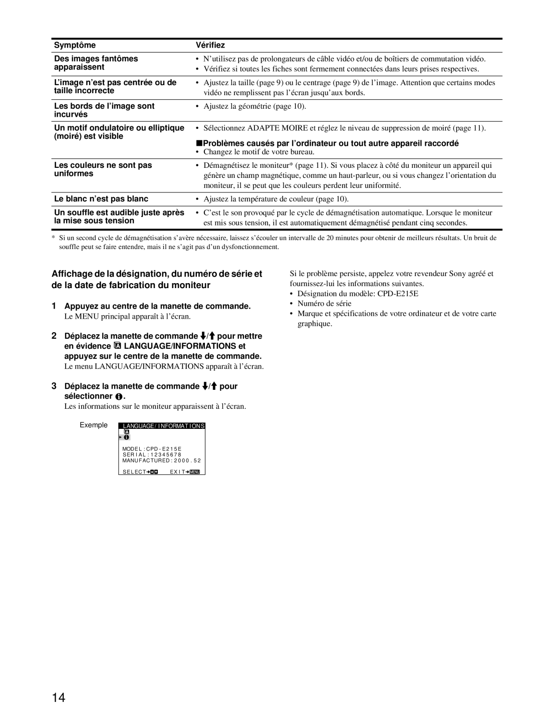 Sony CPD-E215E Symptôme Vérifiez Des images fantômes, Apparaissent, ’image n’est pas centrée ou de, Taille incorrecte 