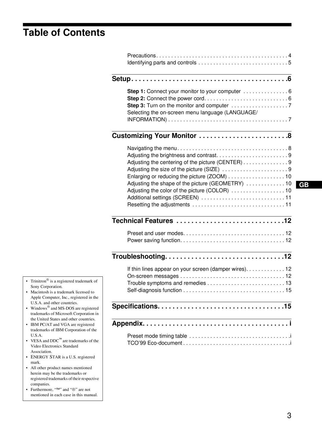 Sony CPD-E215E manual Table of Contents 