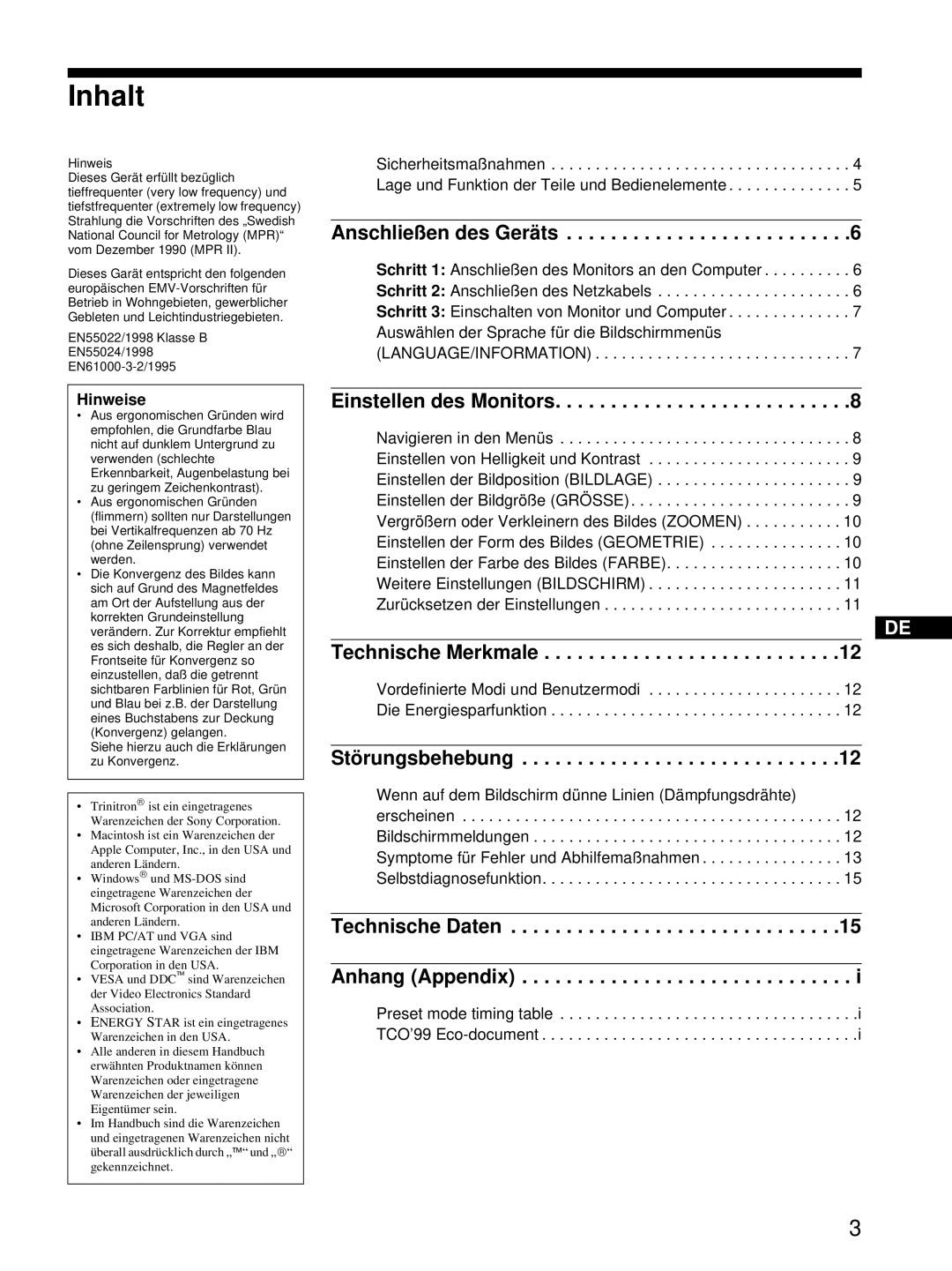 Sony CPD-E215E manual Inhalt, Hinweise 