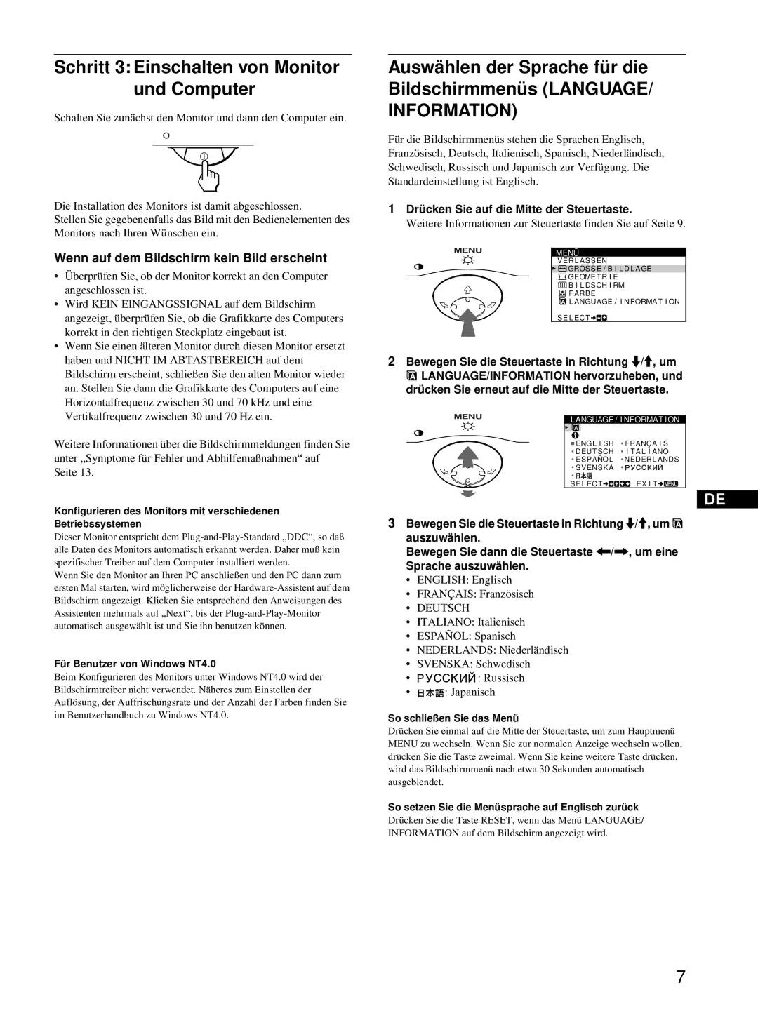 Sony CPD-E215E manual Schritt 3 Einschalten von Monitor und Computer, Wenn auf dem Bildschirm kein Bild erscheint, Deutsch 