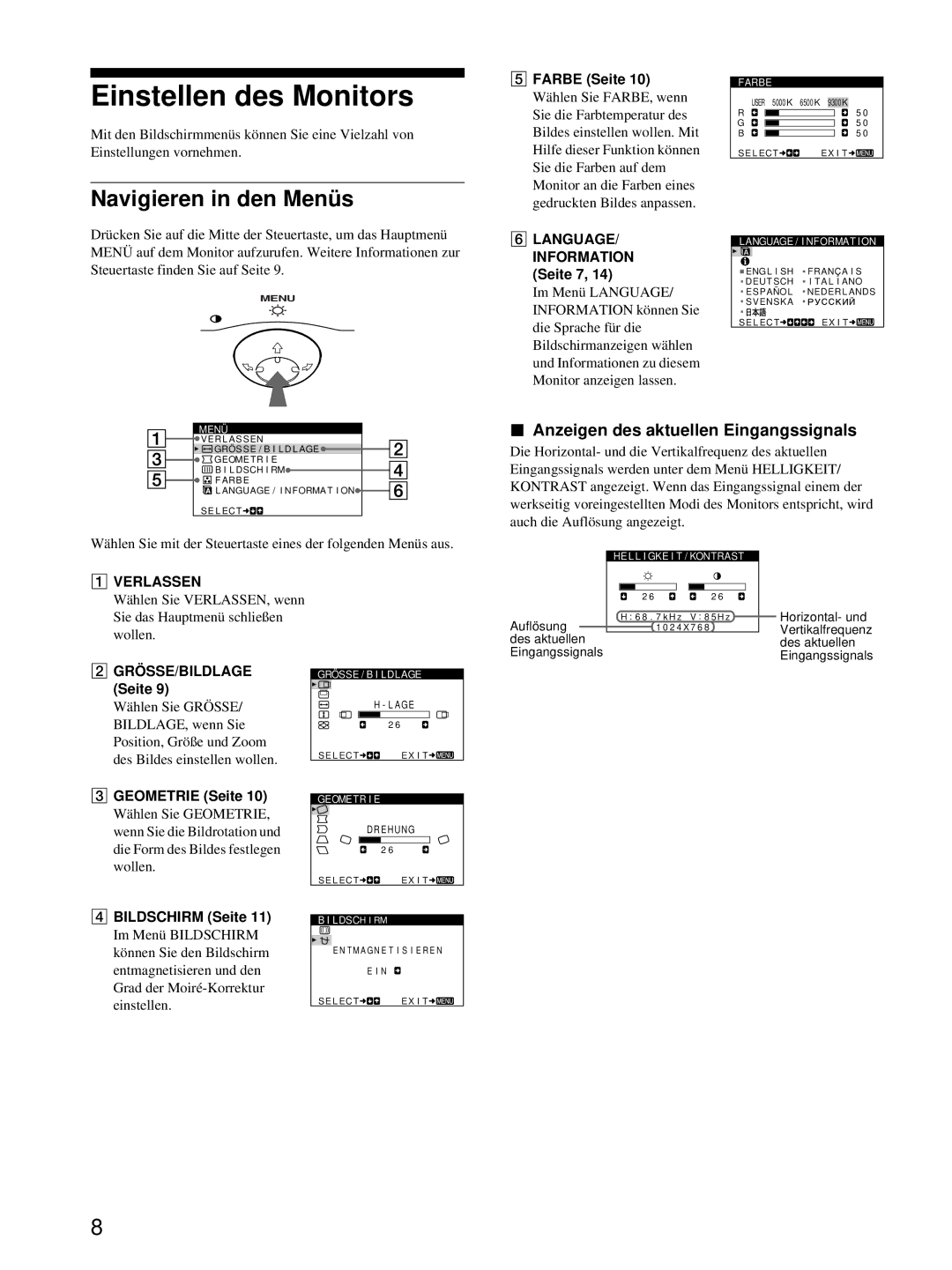 Sony CPD-E215E manual Einstellen des Monitors, Navigieren in den Menüs, Anzeigen des aktuellen Eingangssignals 