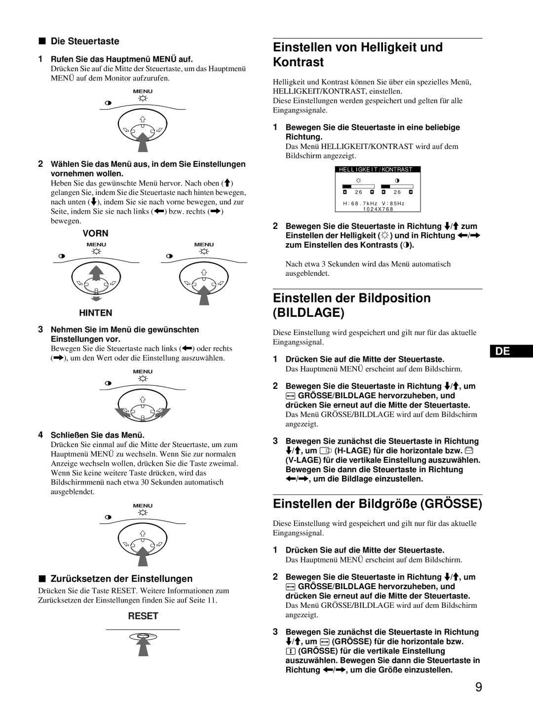 Sony CPD-E215E manual Einstellen von Helligkeit und Kontrast, Einstellen der Bildposition Bildlage, Die Steuertaste 