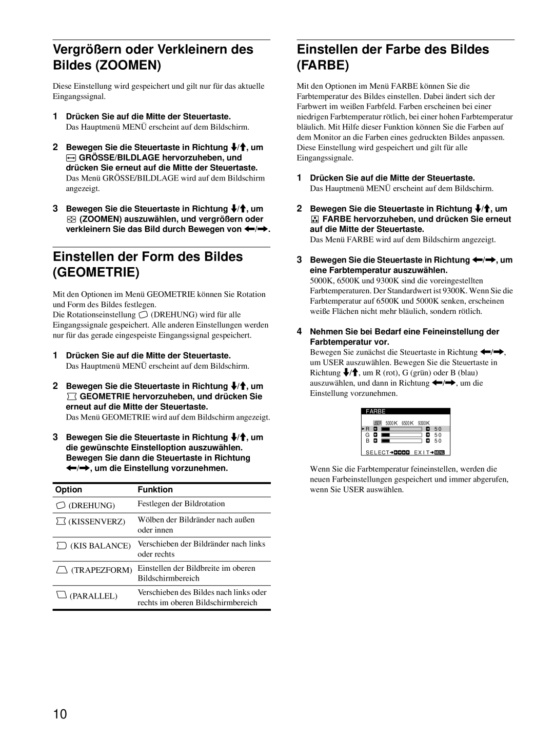 Sony CPD-E215E manual Vergrößern oder Verkleinern des Bildes Zoomen, Einstellen der Form des Bildes 