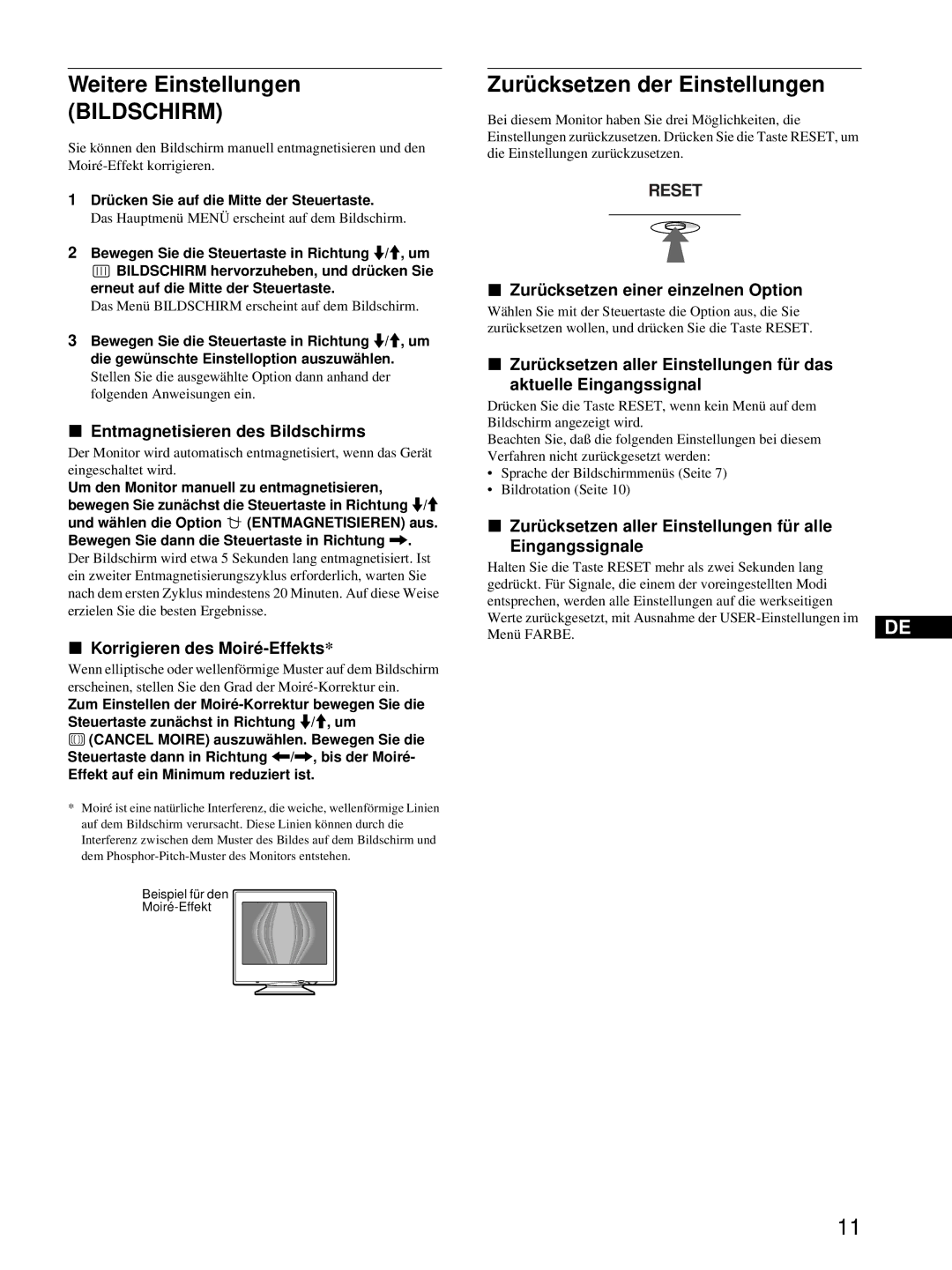 Sony CPD-E215E manual Weitere Einstellungen, Zurücksetzen der Einstellungen 