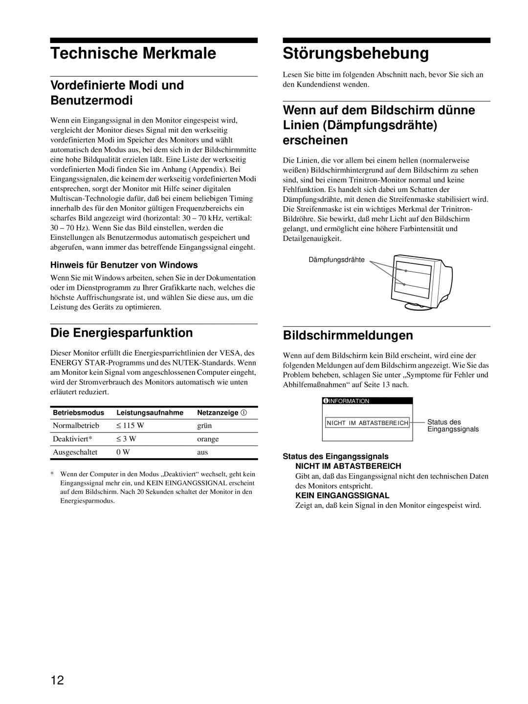 Sony CPD-E215E manual Technische Merkmale, Störungsbehebung, Vordefinierte Modi und Benutzermodi, Die Energiesparfunktion 