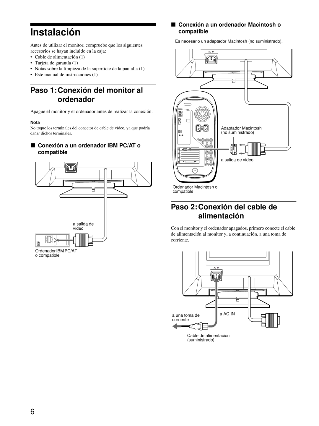 Sony CPD-E215E manual Instalación, Paso 1 Conexión del monitor al ordenador, Paso 2 Conexión del cable de alimentación 