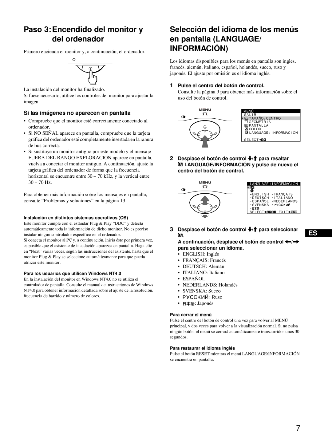 Sony CPD-E215E manual Paso 3 Encendido del monitor y del ordenador, Selección del idioma de los menús en pantalla Language 