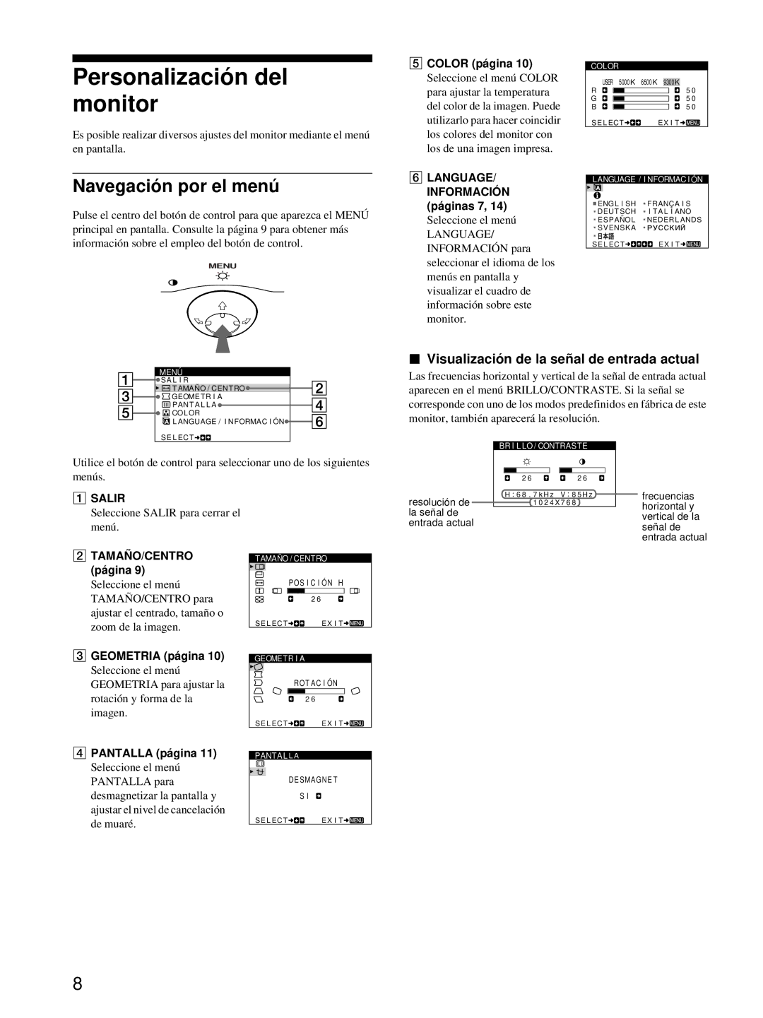 Sony CPD-E215E manual Personalización del monitor, Navegación por el menú, Visualización de la señal de entrada actual 