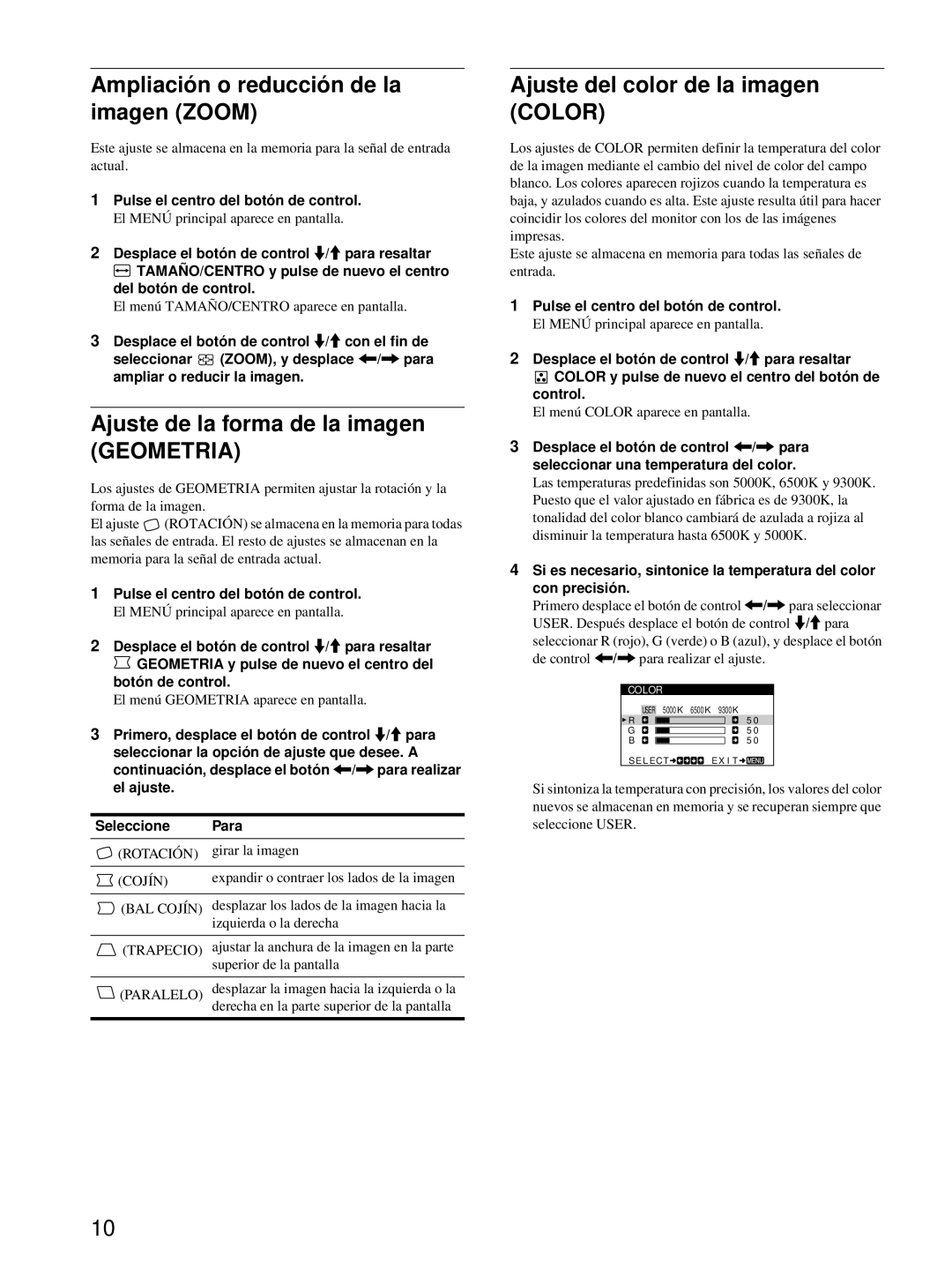 Sony CPD-E215E manual Ampliación o reducción de la imagen Zoom, Ajuste de la forma de la imagen, Rotación, Cojín 