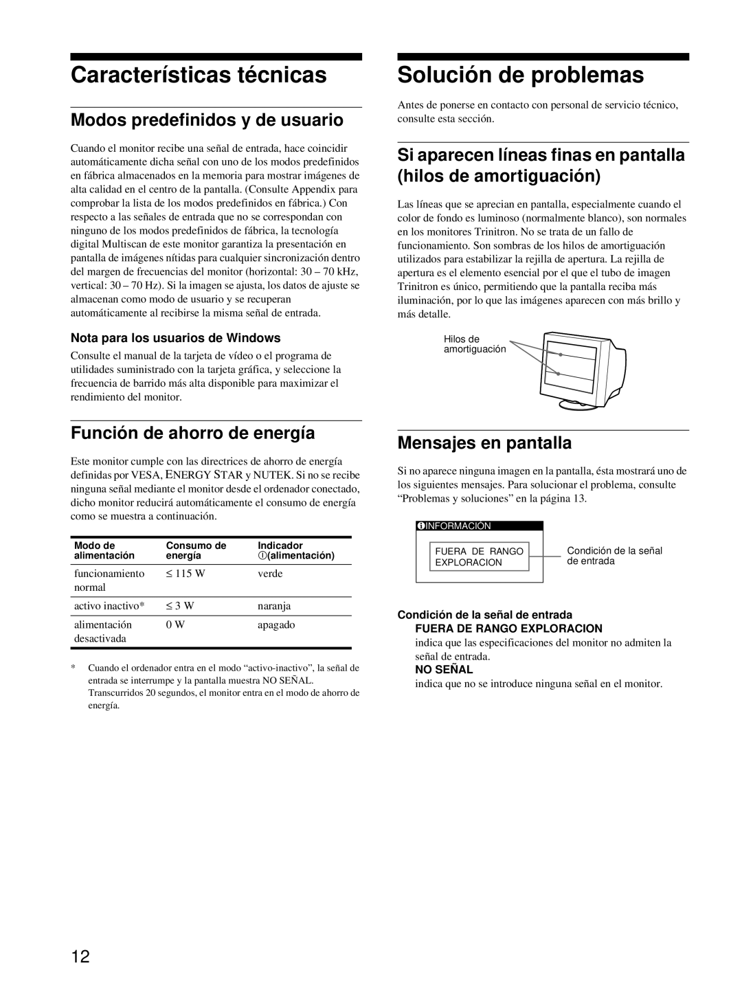 Sony CPD-E215E manual Características técnicas, Solución de problemas 