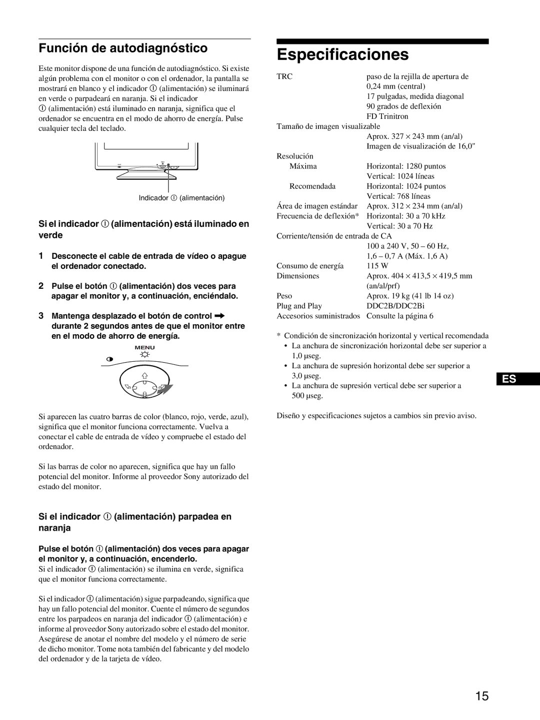 Sony CPD-E215E Especificaciones, Función de autodiagnóstico, Si el indicador ! alimentación está iluminado en verde, Trc 