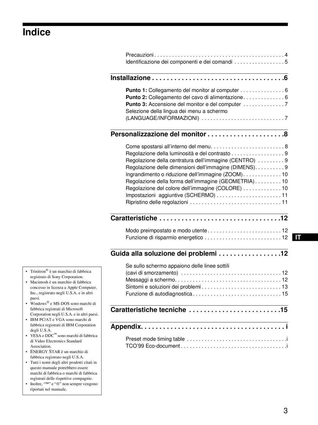 Sony CPD-E215E manual Indice, Installazione 