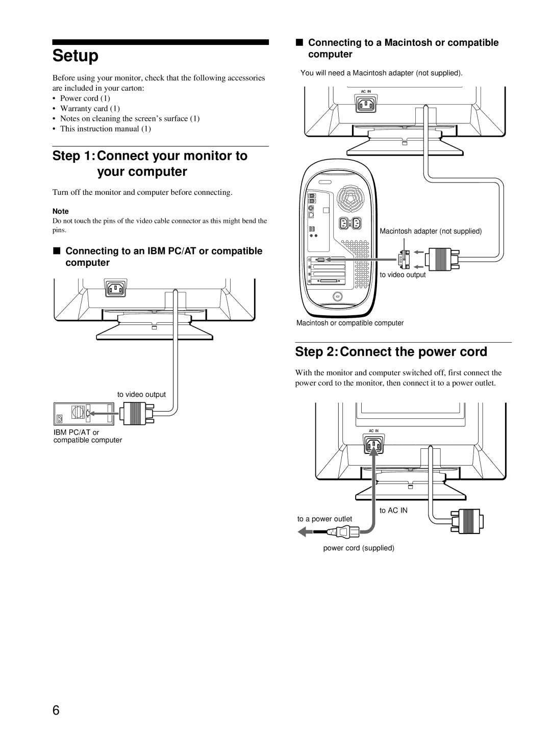 Sony CPD-E215E manual Setup, Connect your monitor to your computer, Connect the power cord 