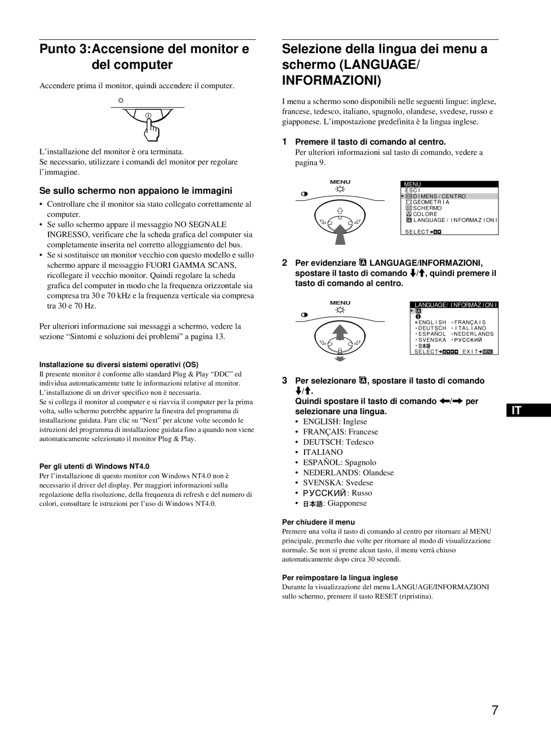 Sony CPD-E215E Punto 3Accensione del monitor e del computer, Selezione della lingua dei menu a schermo Language, Italiano 