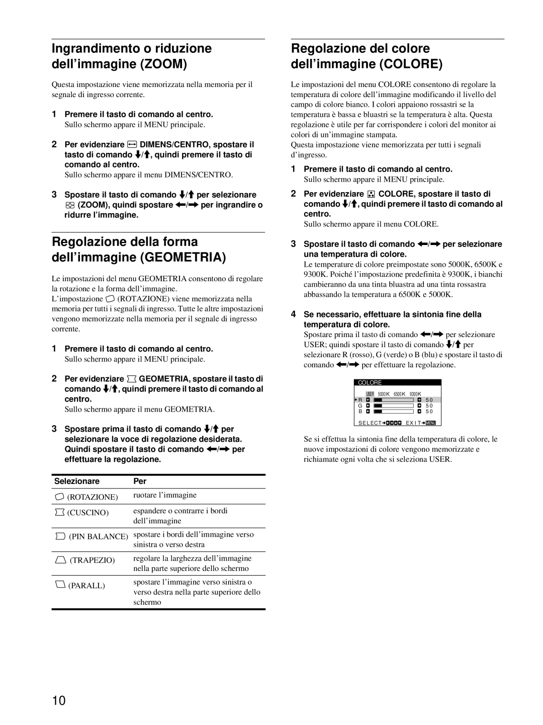 Sony CPD-E215E manual Regolazione del colore dell’immagine Colore, Rotazione, Cuscino, Trapezio, Parall 