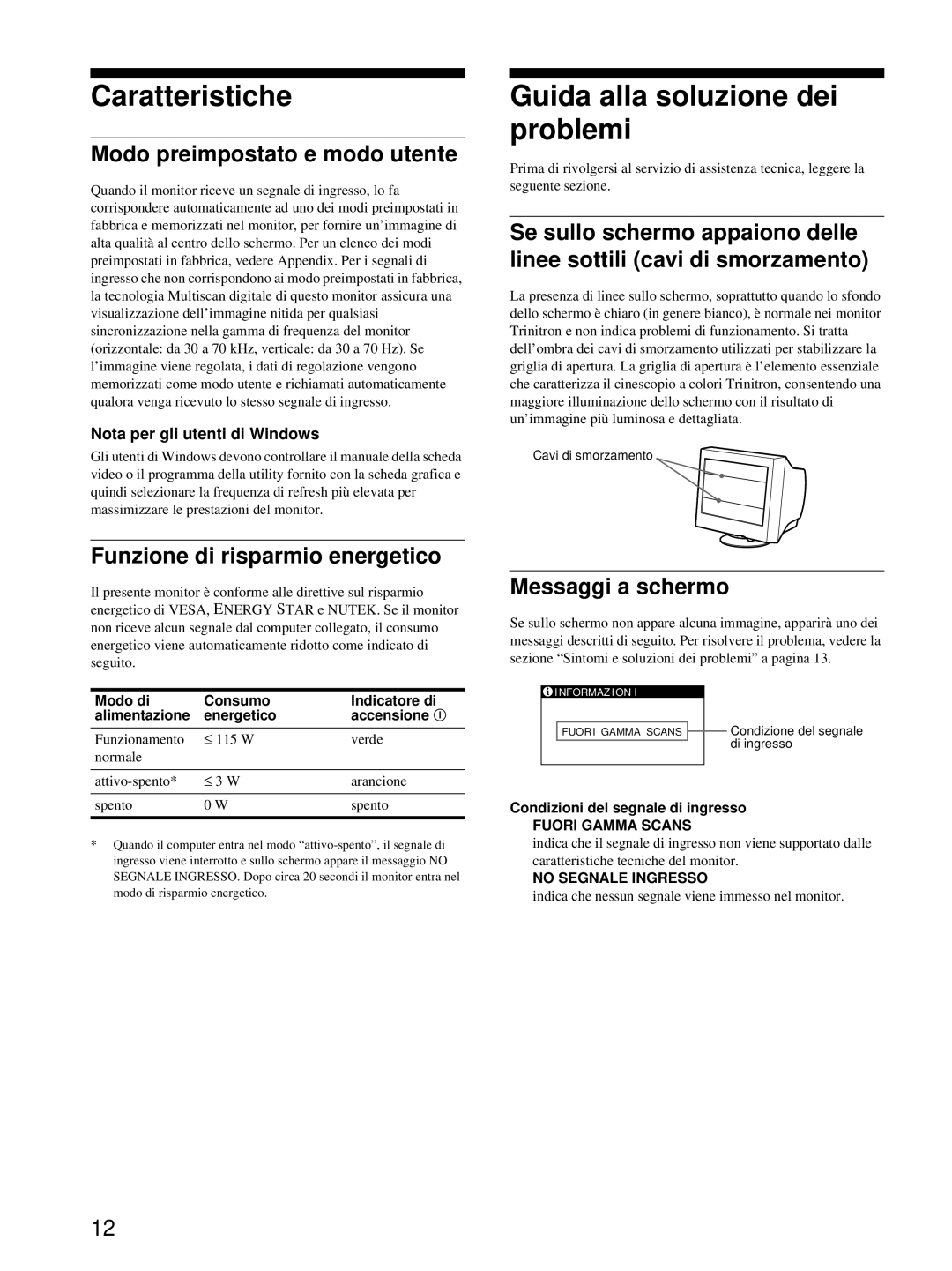 Sony CPD-E215E Caratteristiche, Guida alla soluzione dei problemi, Modo preimpostato e modo utente, Messaggi a schermo 