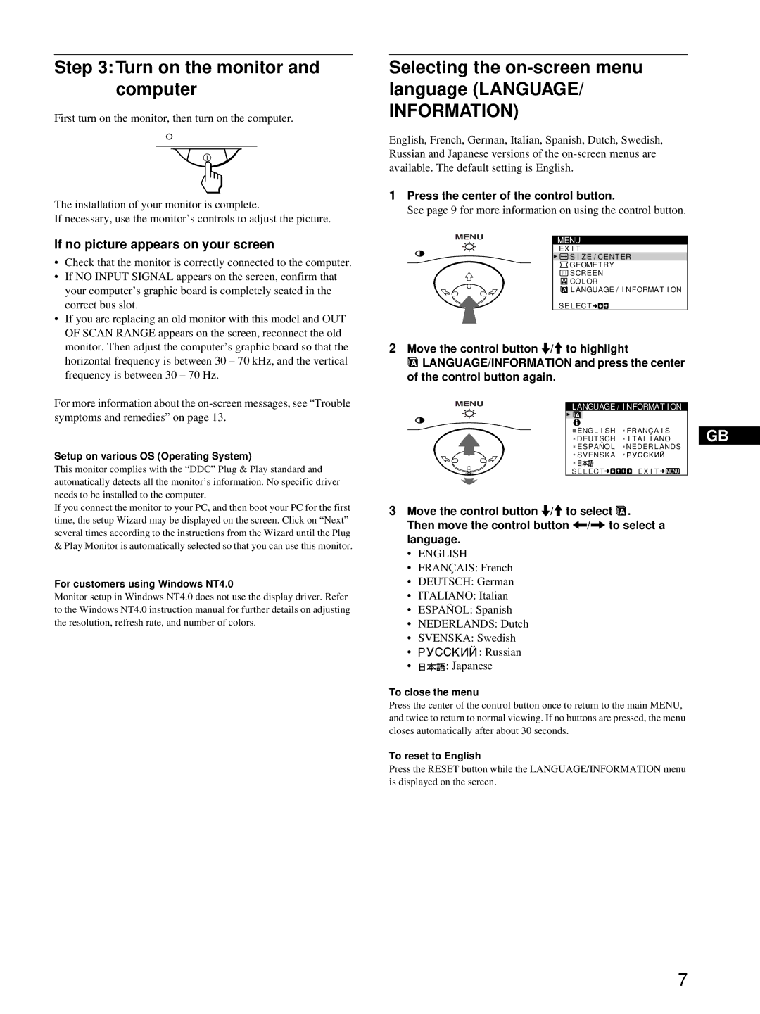 Sony CPD-E215E manual Turn on the monitor and computer, Selecting the on-screen menu language Language, English 