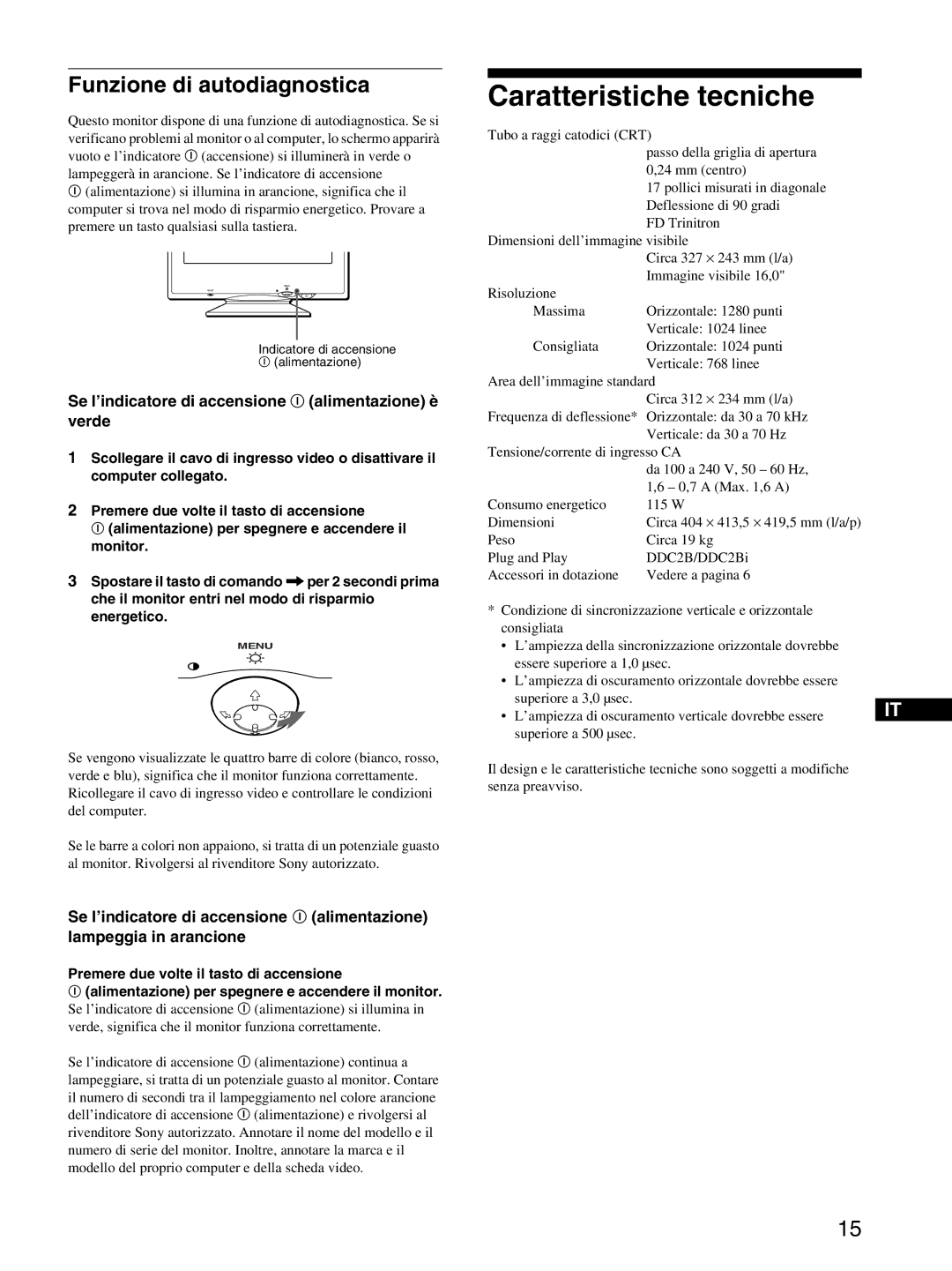 Sony CPD-E215E manual Caratteristiche tecniche, Funzione di autodiagnostica 