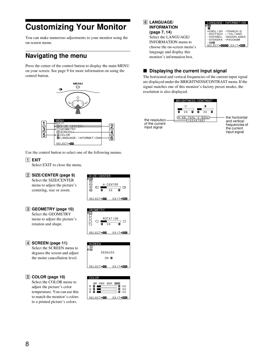 Sony CPD-E215E manual Customizing Your Monitor, Navigating the menu, Displaying the current input signal 