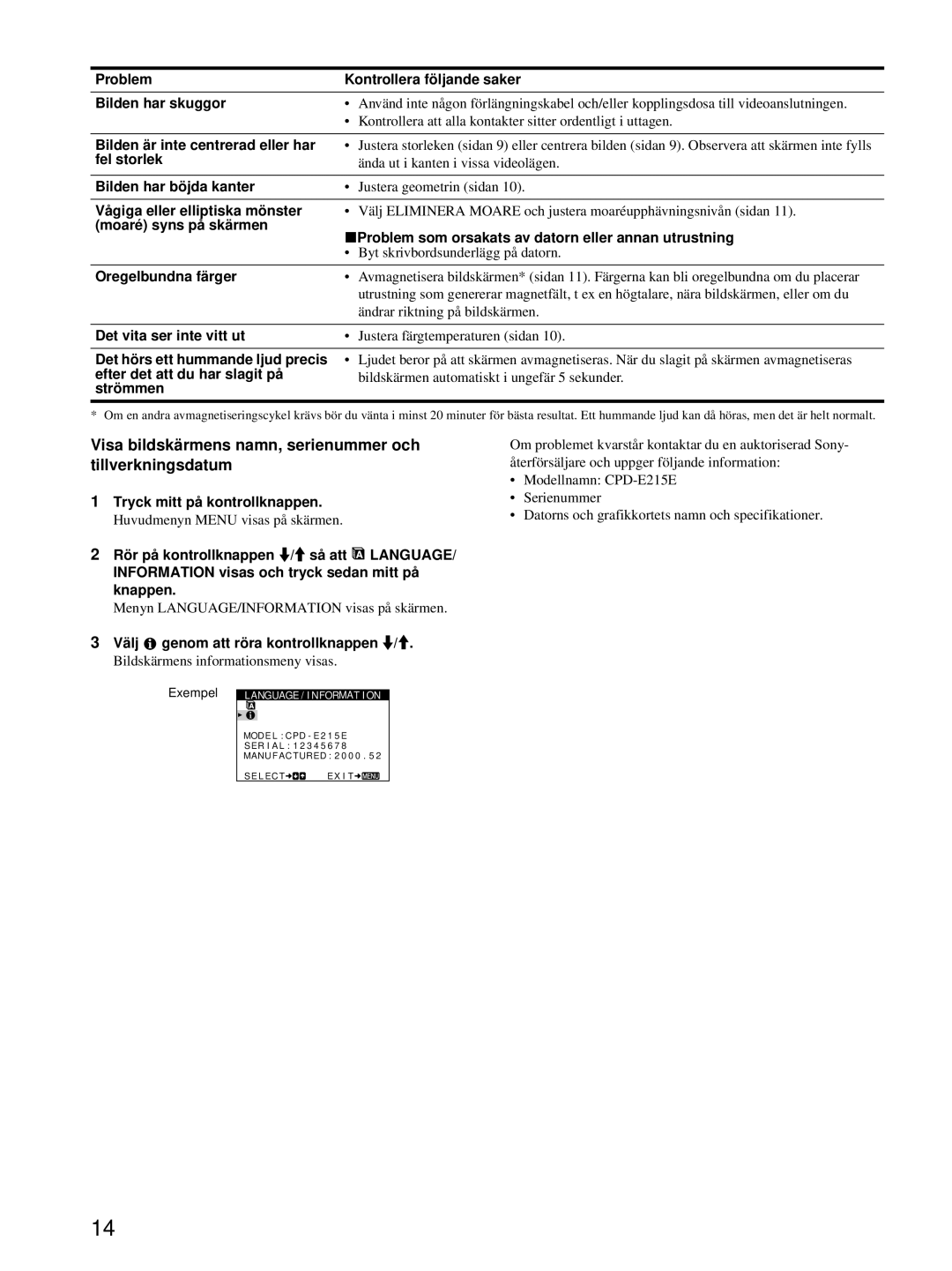 Sony CPD-E215E manual Visa bildskärmens namn, serienummer och tillverkningsdatum 