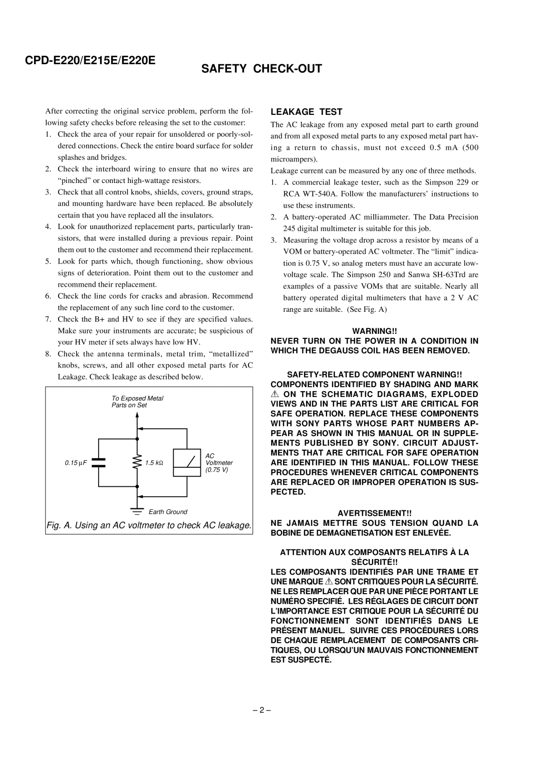 Sony CPD-E220 service manual Safety CHECK-OUT, Leakage Test 