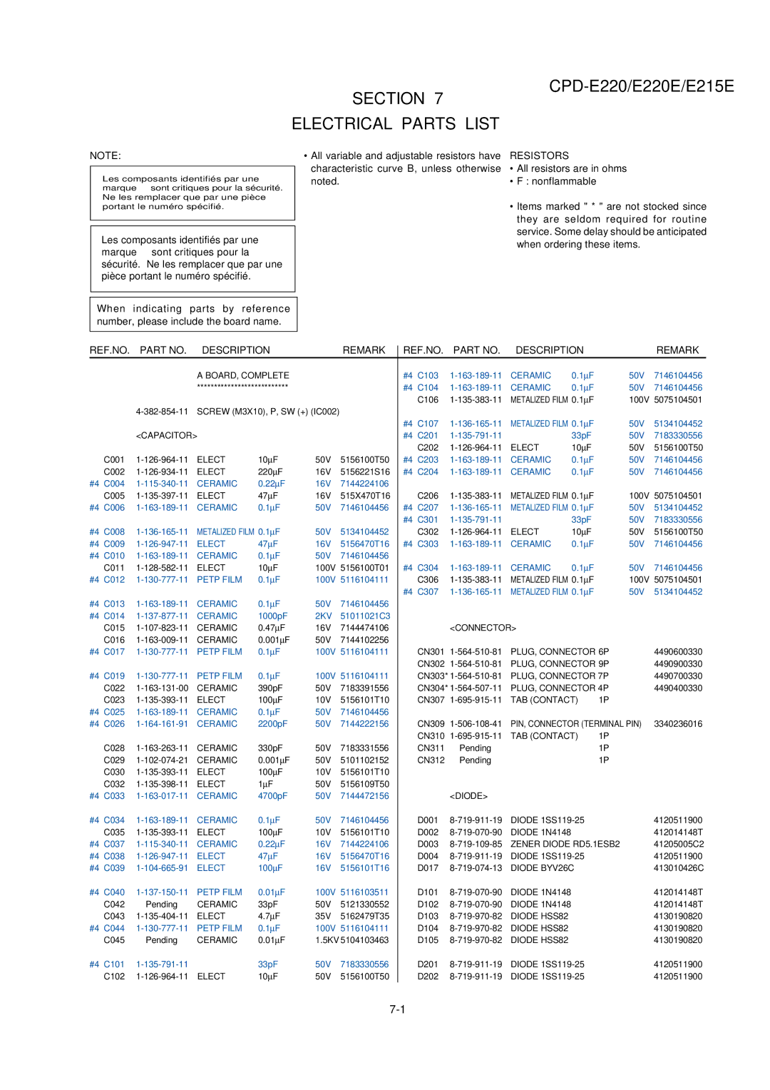 Sony CPD-E220 service manual Electrical Parts List, Ceramic, Petp Film, 2KV 