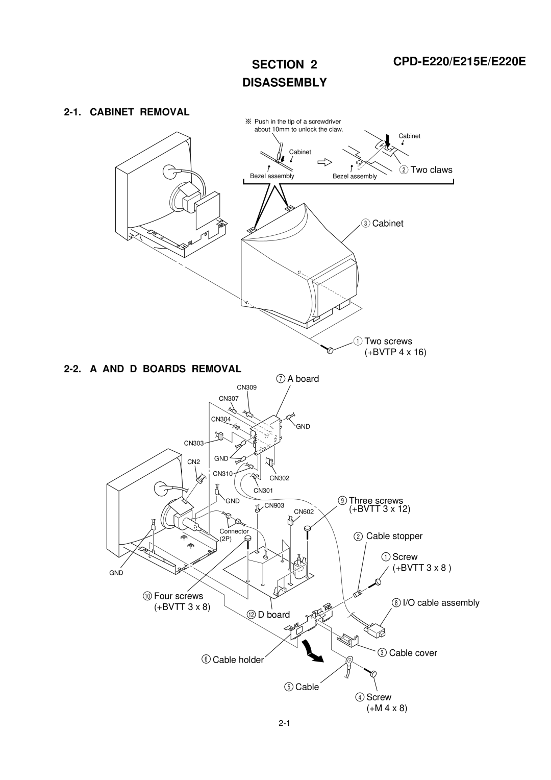 Sony CPD-E220 service manual Section, Disassembly, Cabinet Removal, D Boards Removal 