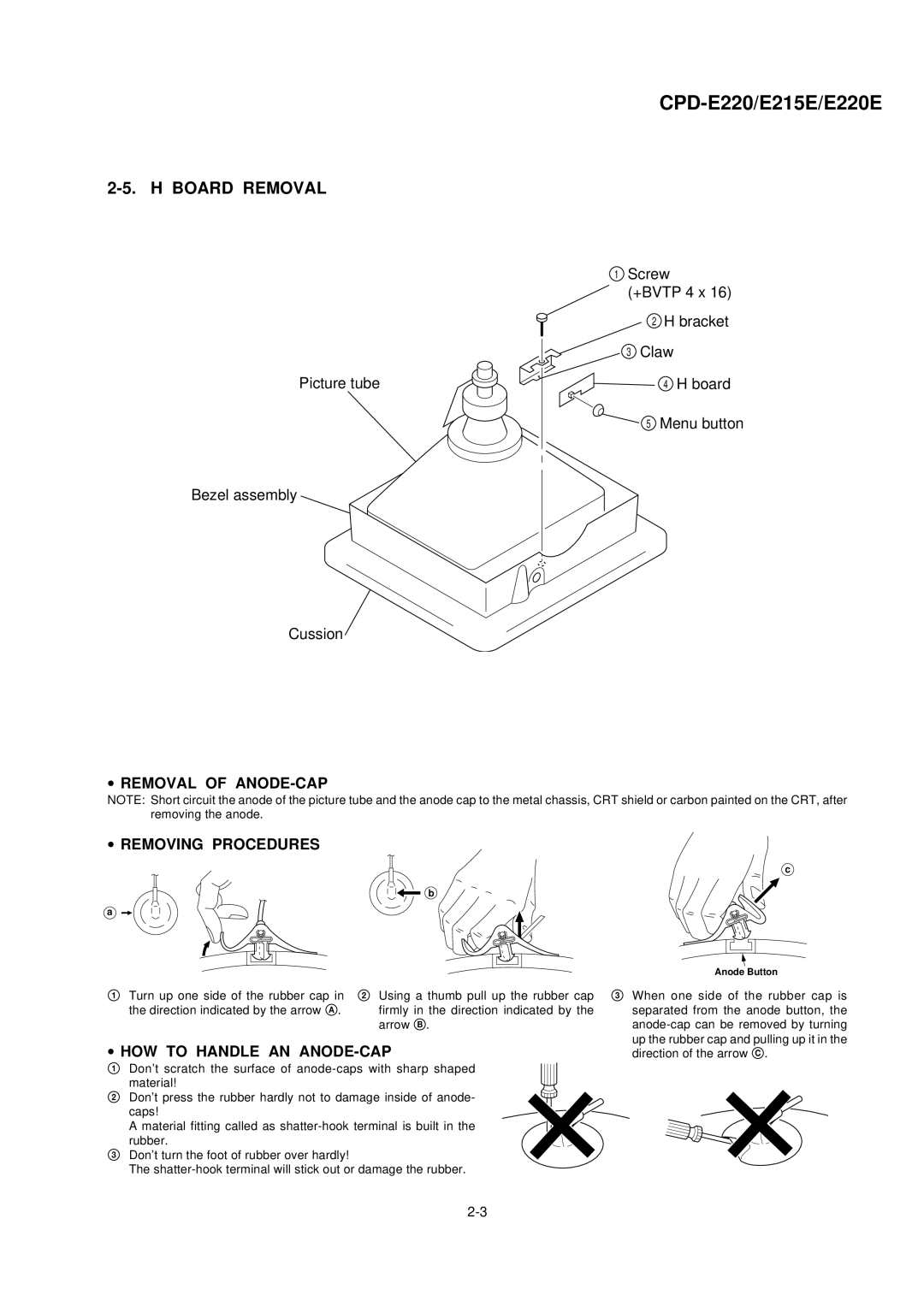 Sony CPD-E220 service manual Board Removal, Removal of ANODE-CAP Removing Procedures 