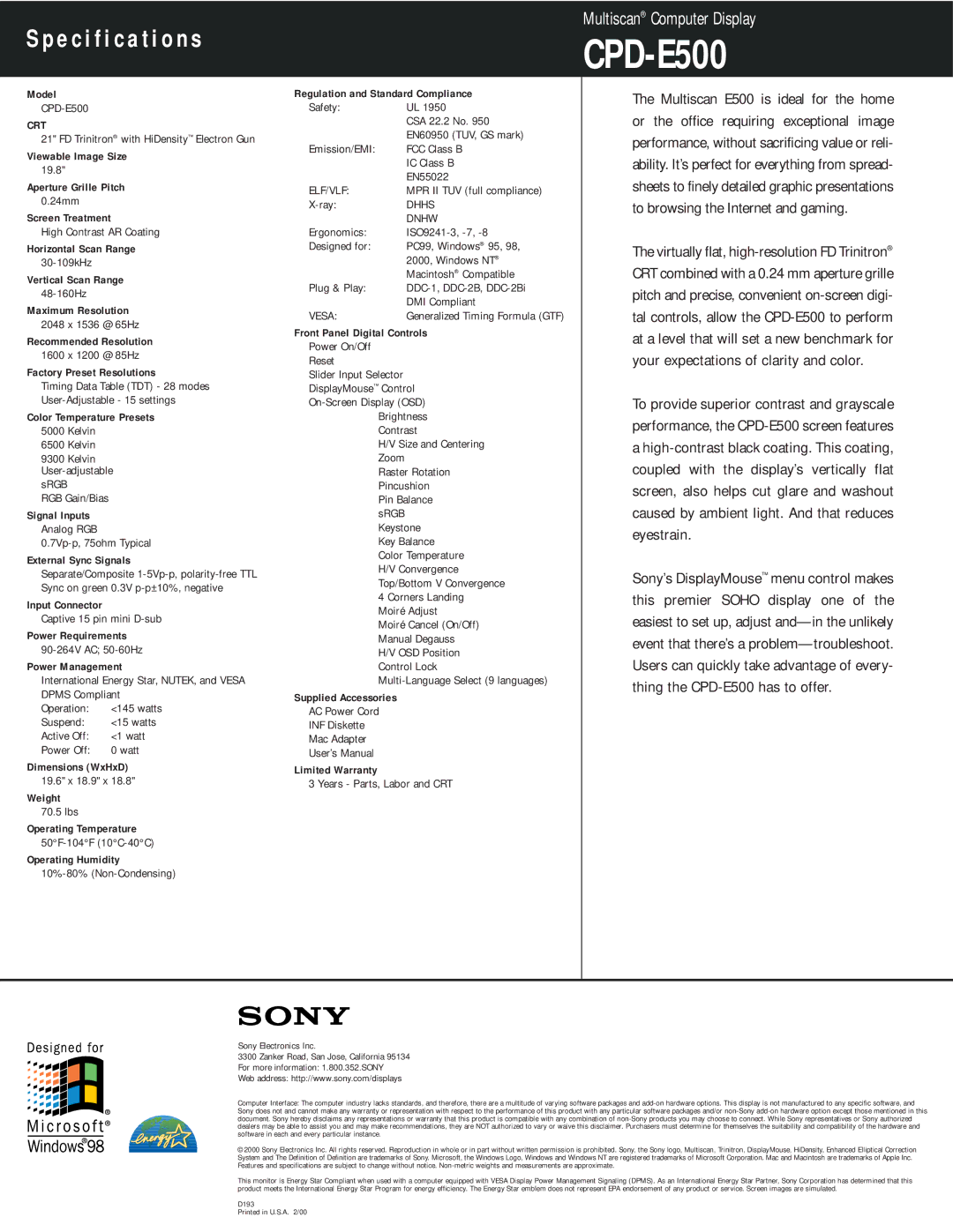 Sony CPD-E500 Model, Viewable Image Size, Aperture Grille Pitch, Screen Treatment, Horizontal Scan Range, Input Connector 