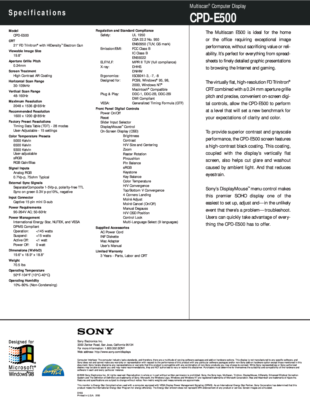 Sony CPD-E500 manual S p e c i f i c a t i o n s, Multiscan Computer Display 