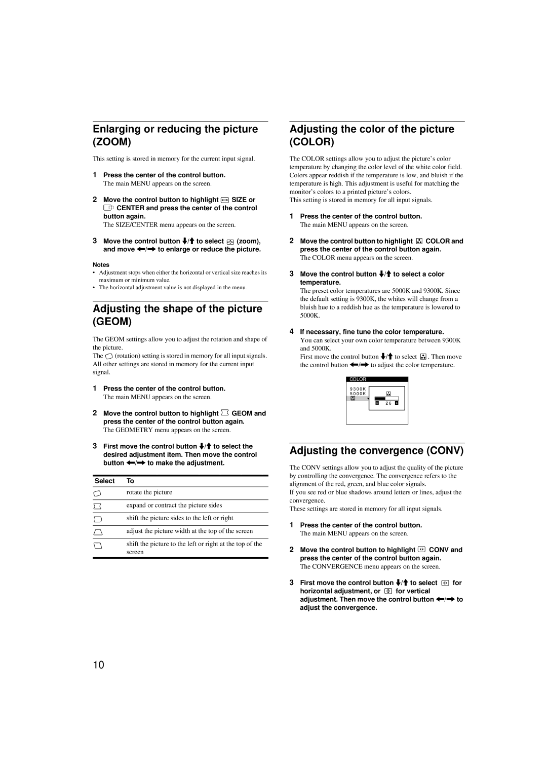 Sony CPD-G200 manual Enlarging or reducing the picture Zoom, Adjusting the shape of the picture Geom 