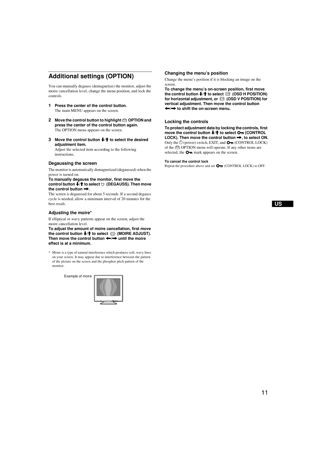 Sony CPD-G200 manual Additional settings Option, Degaussing the screen, Adjusting the moire, Changing the menu’s position 