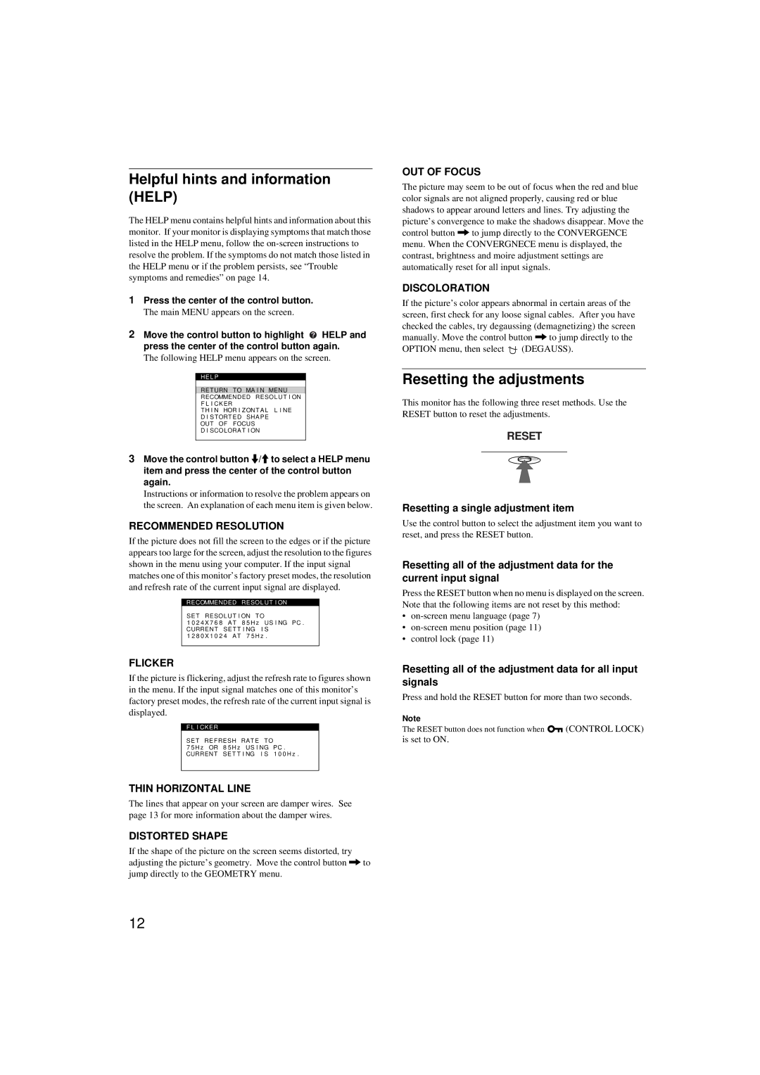 Sony CPD-G200 manual Helpful hints and information Help, Resetting the adjustments 