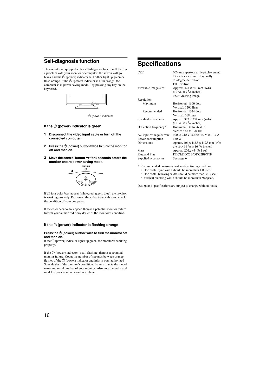 Sony CPD-G200 manual Specifications, Self-diagnosis function, If the 1 power indicator is green, Crt 