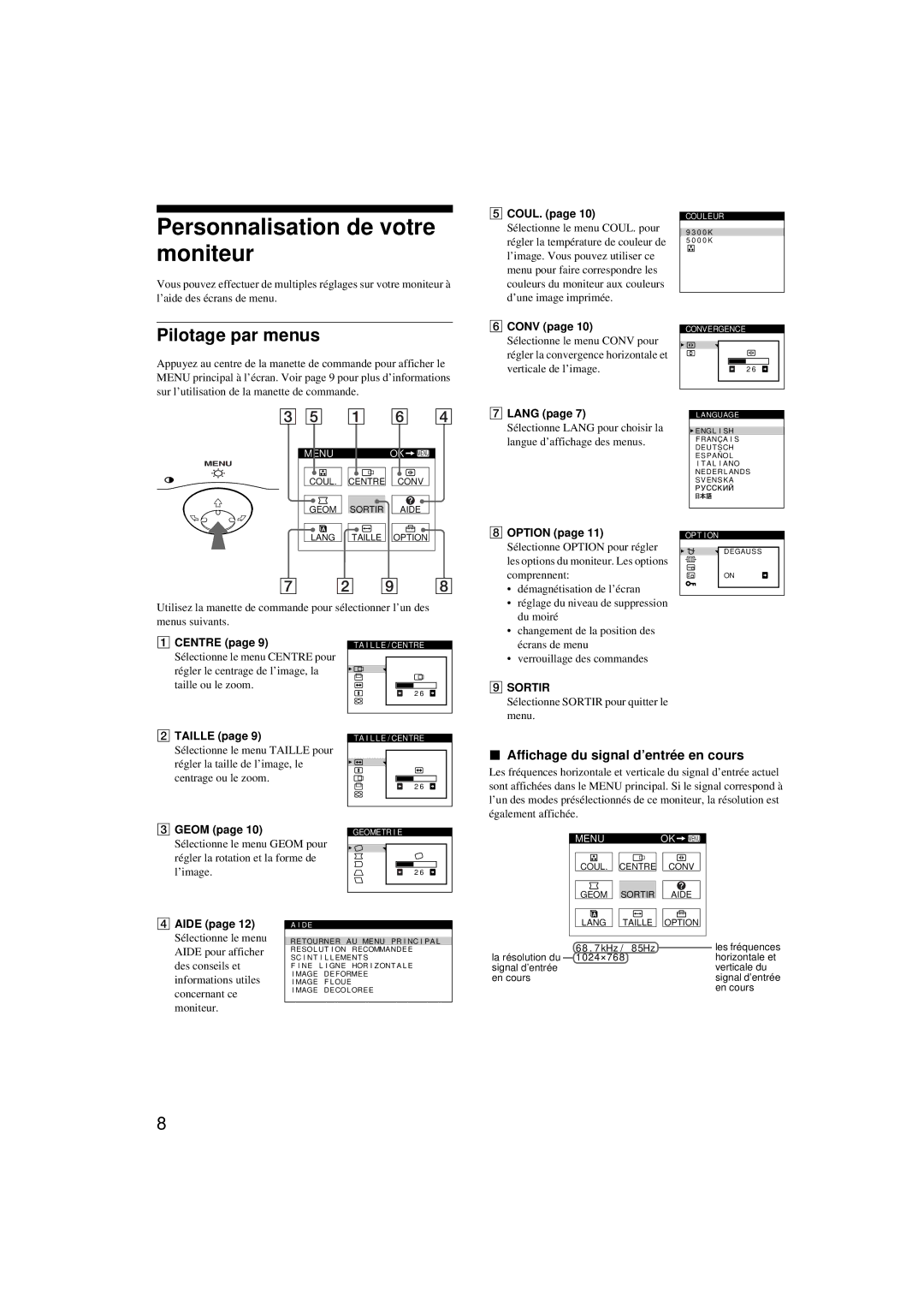 Sony CPD-G200 manual Personnalisation de votre moniteur, Pilotage par menus, Affichage du signal d’entrée en cours 