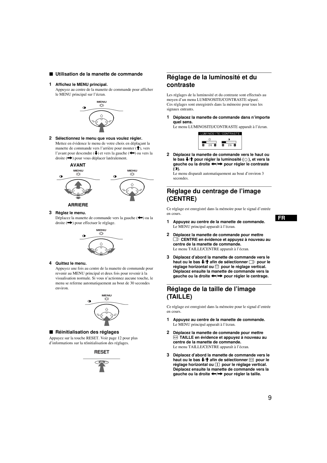 Sony CPD-G200 manual Réglage de la luminosité et du contraste, Réglage du centrage de l’image Centre 