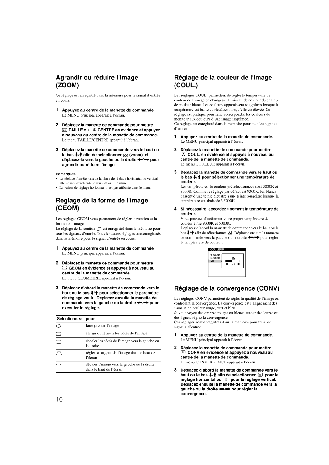 Sony CPD-G200 Agrandir ou réduire l’image Zoom, Réglage de la forme de l’image Geom, Réglage de la couleur de l’image Coul 