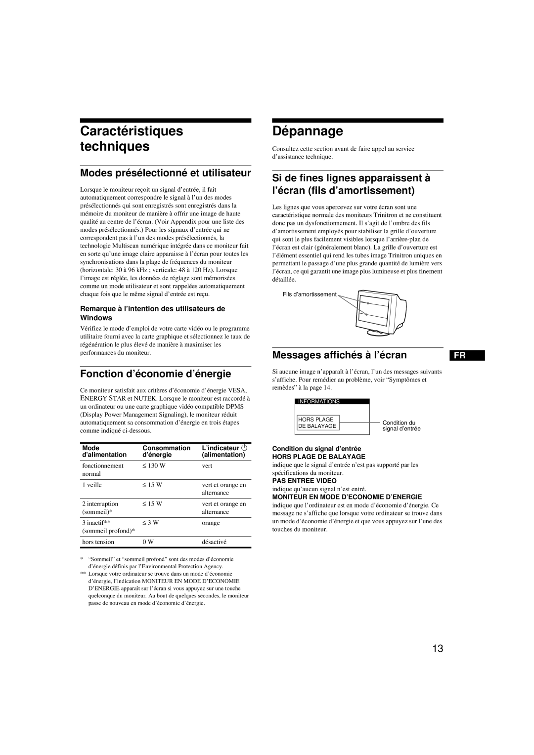 Sony CPD-G200 Caractéristiques techniques, Dépannage, Modes présélectionné et utilisateur, Fonction d’économie d’énergie 