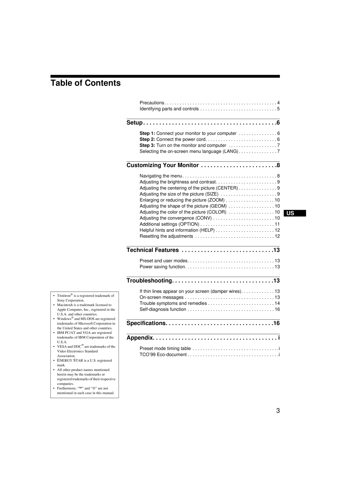 Sony CPD-G200 manual Table of Contents 