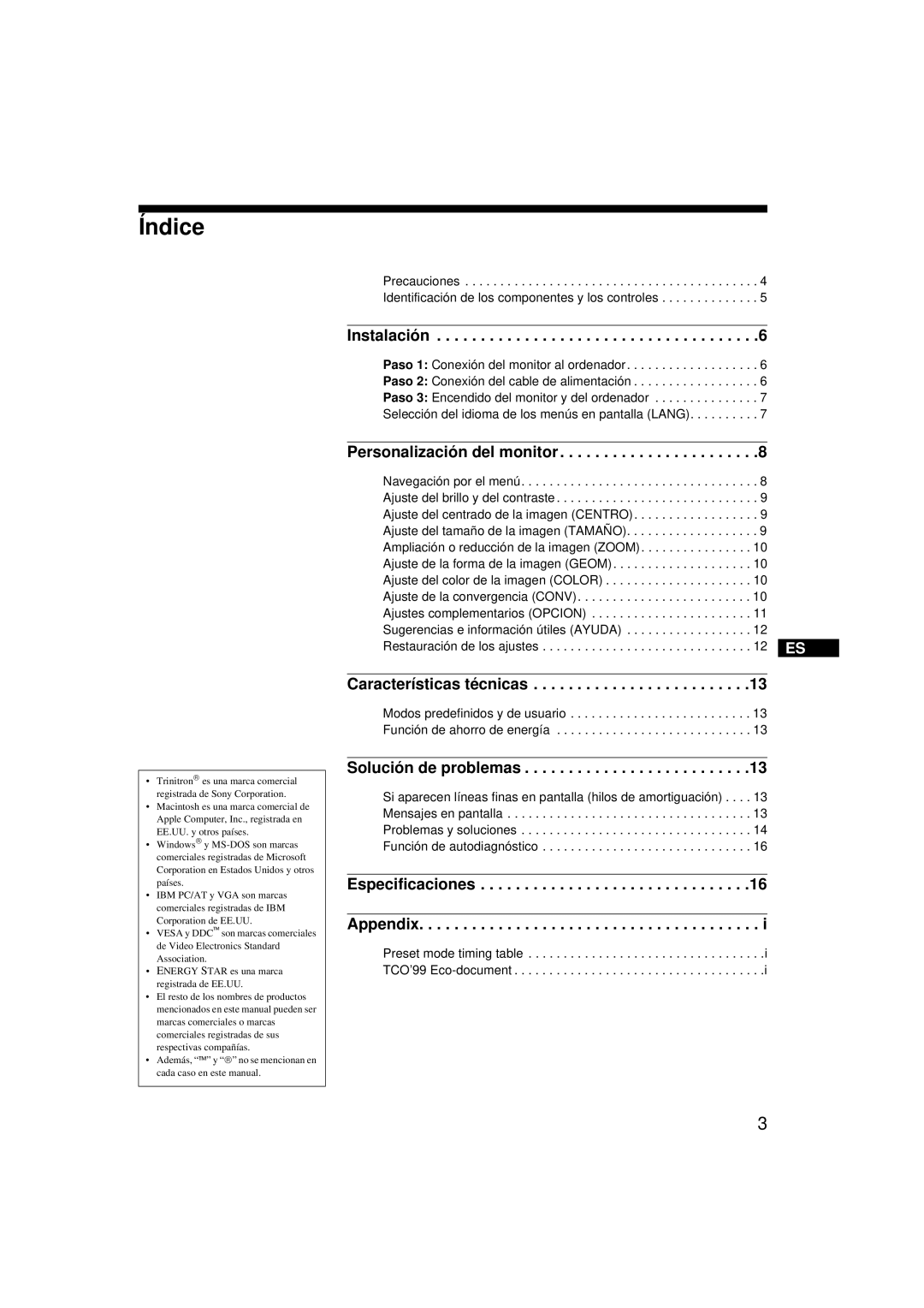 Sony CPD-G200 manual Índice, Instalación 