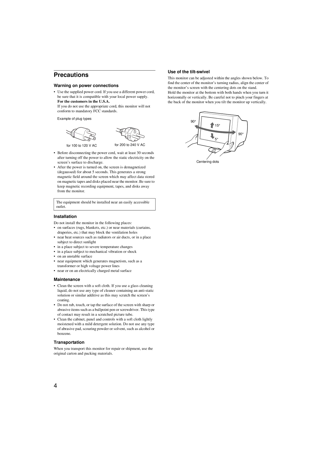 Sony CPD-G200 manual Precautions, Installation, Maintenance, Transportation, Use of the tilt-swivel 