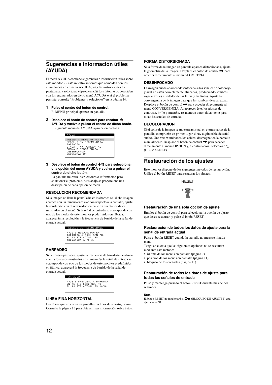 Sony CPD-G200 manual Sugerencias e información útiles Ayuda, Restauración de los ajustes 